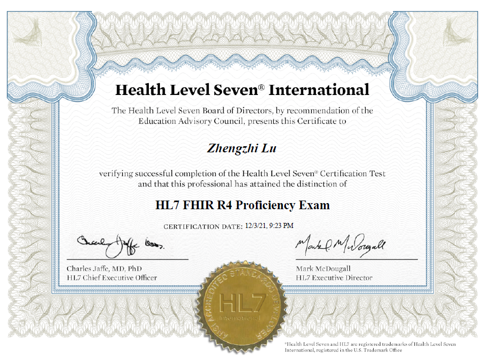 恭喜Louis喜获重磅证书 HL7 FHIR R4 Proficiency Exam InterSystems Developer